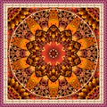 Luxury ornament with mandala flower on decorative ethnic background. Beautiful frame. Tablecloth, carpet, shawl. Indian motif