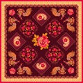 Luxury ornament in russian style with red roses, floral gardens, fabulous roosters, huge paisley and decorative border.