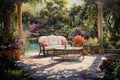Luxury outdoor patio with furniture and flowers. Vintage style, luxurious garden painting with elegant outdoor furniture, AI Royalty Free Stock Photo