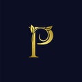 Luxury P Initial Letter Logo gold color, vector design concept ornate swirl floral leaf ornament with initial letter alphabet for