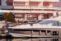 Luxury parked modern motor yacht marina dock in sea