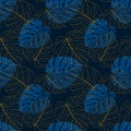 Luxury pattern Monstera chic dark blue and gold, monstera contour and shapes.