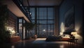 Luxury penthouse bedroom at night, ai generative Royalty Free Stock Photo