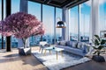 Luxury penthouse interior design living room with indoor cherry blossom tree and panoramic skyline view; 3D Rendering Royalty Free Stock Photo