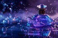 Luxury perfume bottle with liquid waves splashes in blue purple theme Royalty Free Stock Photo