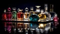 Luxury perfume collection in crystal bottles with multi colored liquid generated by AI