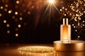 Luxury perfume, cosmetic premium glass bottle. Banner, poster for beauty promotion of elegant golden sparkle glittering light