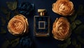 Luxury perfume with floral scent for women, glass fragrance bottle on dark blue flatlay background, generative AI Royalty Free Stock Photo