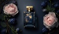 Luxury perfume with floral scent for women, glass fragrance bottle on dark blue flatlay background, generative AI Royalty Free Stock Photo