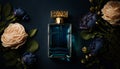 Luxury perfume with floral scent for women, glass fragrance bottle on dark blue flatlay background, generative AI Royalty Free Stock Photo