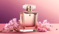 Luxury perfume with floral scent for women, glass fragrance bottle on pink background, generative AI Royalty Free Stock Photo