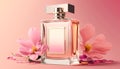 Luxury perfume with floral scent for women, glass fragrance bottle on pink background, generative AI Royalty Free Stock Photo