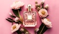 Luxury perfume with floral scent for women, glass fragrance bottle on pink flatlay background, generative AI Royalty Free Stock Photo