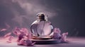 Luxury perfume glass bottle with lilac flower petals on marble, cinematic smoke realistic minimalist white light background Royalty Free Stock Photo