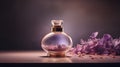 Luxury perfume glass bottle with lilac flower petals on marble, cinematic smoke realistic minimalist white light background Royalty Free Stock Photo