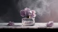 Luxury perfume glass bottle with lilac flower petals on marble, cinematic smoke realistic minimalist white light background Royalty Free Stock Photo