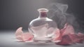 Luxury perfume glass bottle with rose flower petals, cinematic smoke realistic minimalist white light background Royalty Free Stock Photo