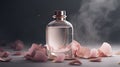 Luxury perfume glass bottle with rose flower petals, cinematic smoke realistic minimalist white light background Royalty Free Stock Photo