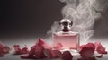 Luxury perfume glass bottle with rose flower petals, cinematic smoke realistic minimalist white light background Royalty Free Stock Photo