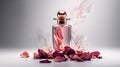 Luxury perfume glass bottle with rose flower petals, cinematic smoke realistic minimalist white light background Royalty Free Stock Photo