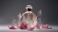 Luxury perfume glass bottle with rose flower petals, cinematic smoke realistic minimalist white light background Royalty Free Stock Photo