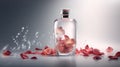 Luxury perfume glass bottle with rose flower petals, cinematic smoke realistic minimalist white light background Royalty Free Stock Photo