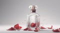 Luxury perfume glass bottle with rose flower petals, cinematic smoke realistic minimalist white light background Royalty Free Stock Photo