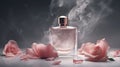 Luxury perfume glass bottle with rose flower petals, cinematic smoke realistic minimalist white light background Royalty Free Stock Photo