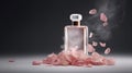 Luxury perfume glass bottle with rose flower petals, cinematic smoke realistic minimalist white light background Royalty Free Stock Photo