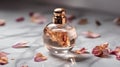 Luxury perfume glass bottle with rose flower petals on marble, cinematic smoke realistic minimalist white light background Royalty Free Stock Photo