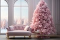 Luxury pink Christmas tree decorated with trendy pink decorations in modern white minimalistic room Royalty Free Stock Photo