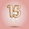 Luxury Pink Greeting celebration fifteen years birthday Anniversary number 15 foil gold balloon. Happy birthday