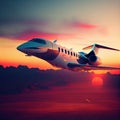 Luxury plane flies at sunset among the clouds. Ai generated
