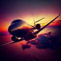 Luxury plane flies at sunset among the clouds. Ai generated