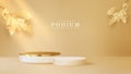 Luxury podium display with golden leaves on brown pastel background, minimal pedestal.