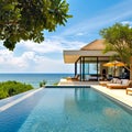 Luxury Pool Overlooking Serene Beach, ocean view, tropical foliage