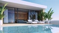 Luxury pool villa bedroom sea view on beach - 3D rendering Royalty Free Stock Photo