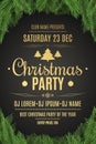 Luxury poster for a Christmas party. Christmas tree on a black background. Celebratory background. Gold text with description. Tem