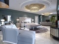 Luxury presidential suite with a bedroom and a large bed and a living room with a sofa and a TV stand