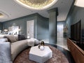 Luxury presidential suite with a bedroom and a large bed and a living room with a sofa and a TV stand