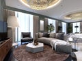 Luxury presidential suite with a bedroom and a large bed and a living room with a sofa and a TV stand