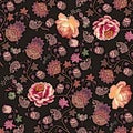 Luxury print for fabric in ethnic style. Seamless romantic pattern with garden and fantasy flowers, leaves, little berries