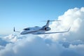 Luxury private jet at flying under blue sky with clouds. copy space for text Royalty Free Stock Photo