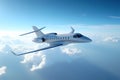 Luxury private jet at flying under blue sky with clouds. copy space for text Royalty Free Stock Photo