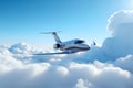 Luxury private jet at flying under blue sky with clouds. copy space for text Royalty Free Stock Photo