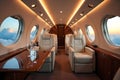Luxury Private Jet Interior with Comfortable Seating and Scenic Sunset View Royalty Free Stock Photo