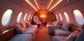 Luxury private jet interior at sunset plush seating and panoramic ocean views. Generative AI Royalty Free Stock Photo