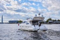 Luxury private motor yacht sailing in the bay