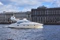 Luxury private motor yacht sailing in the river Royalty Free Stock Photo