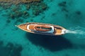 Aerial top view of a luxury private motor yacht sailing at sea Royalty Free Stock Photo
